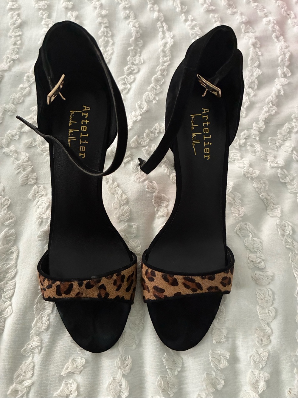 Nicole Miller Black Suede Ankle-Strap Sandals with Leopard-Print Trim